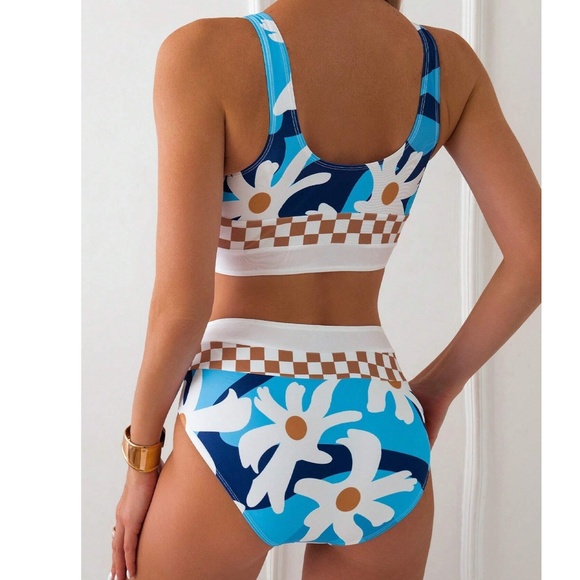 Boho Floral Checkered Print High Waisted Beach Bikini - Picture 4 of 4